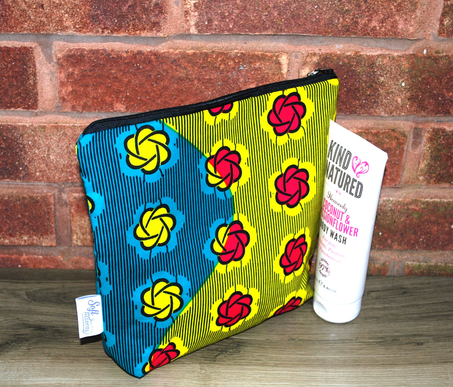 Magenta Turquoise Yellow African print fabric tall/large Wash Bag