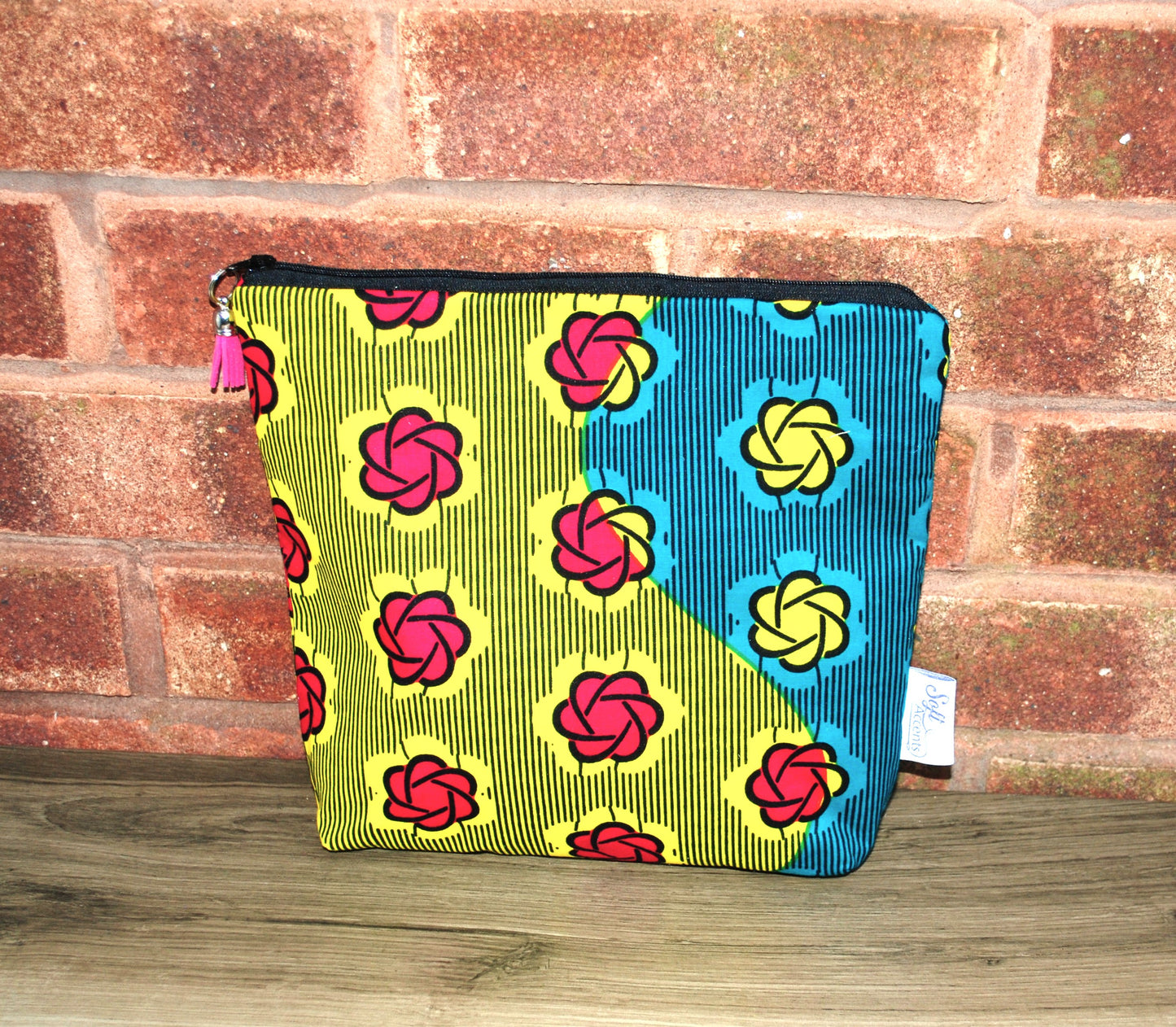 Magenta Turquoise Yellow African print fabric tall/large Wash Bag