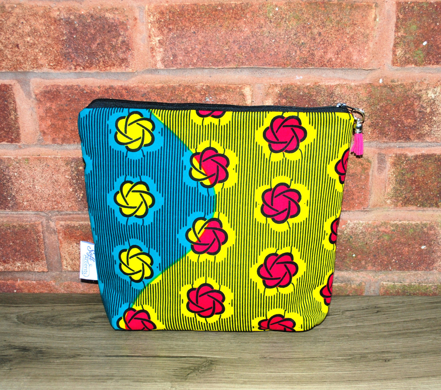 Magenta Turquoise Yellow African print fabric tall/large Wash Bag
