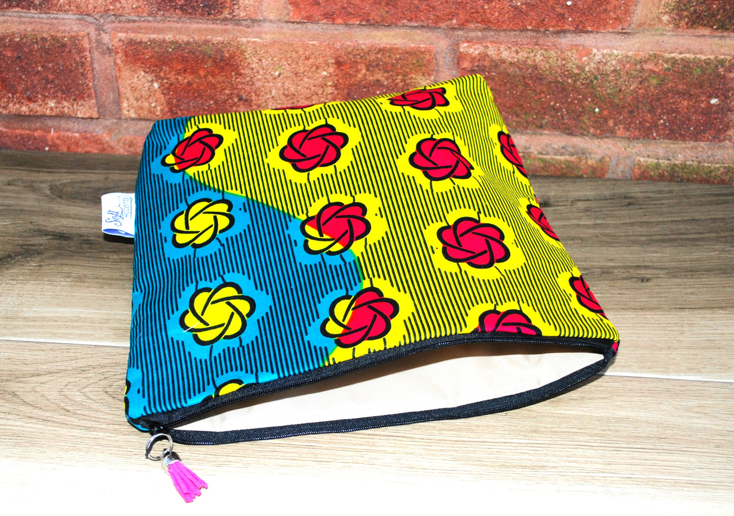 Magenta Turquoise Yellow African print fabric tall/large Wash Bag