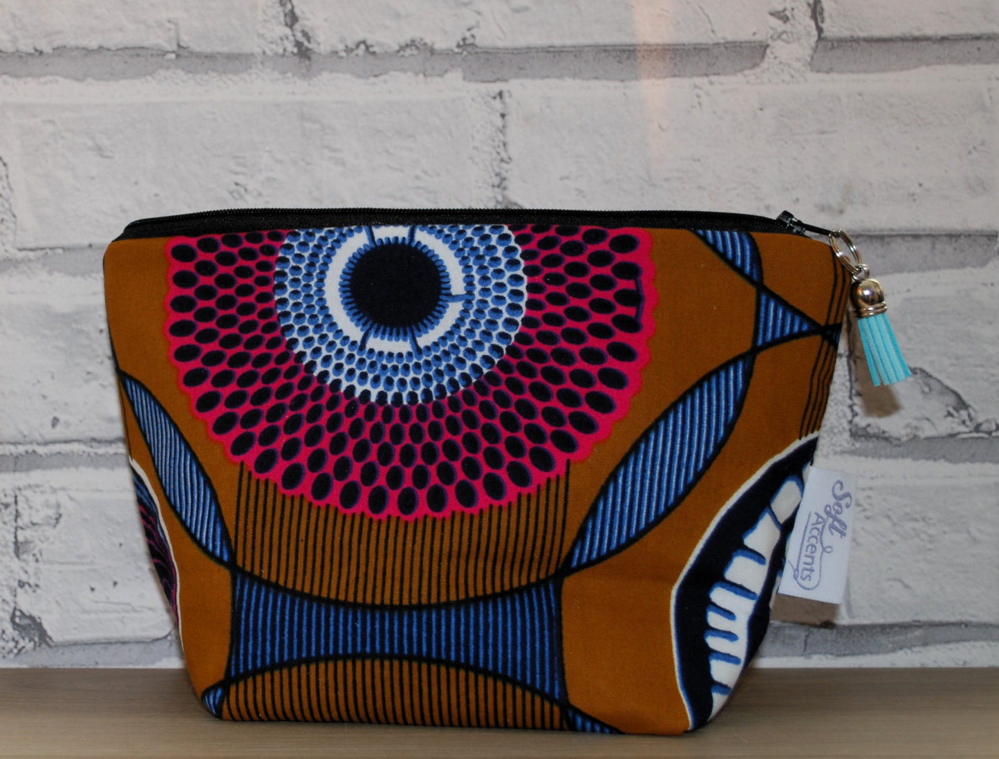 Blue Yellow swirl print medium zipper pouch Makeup Bag