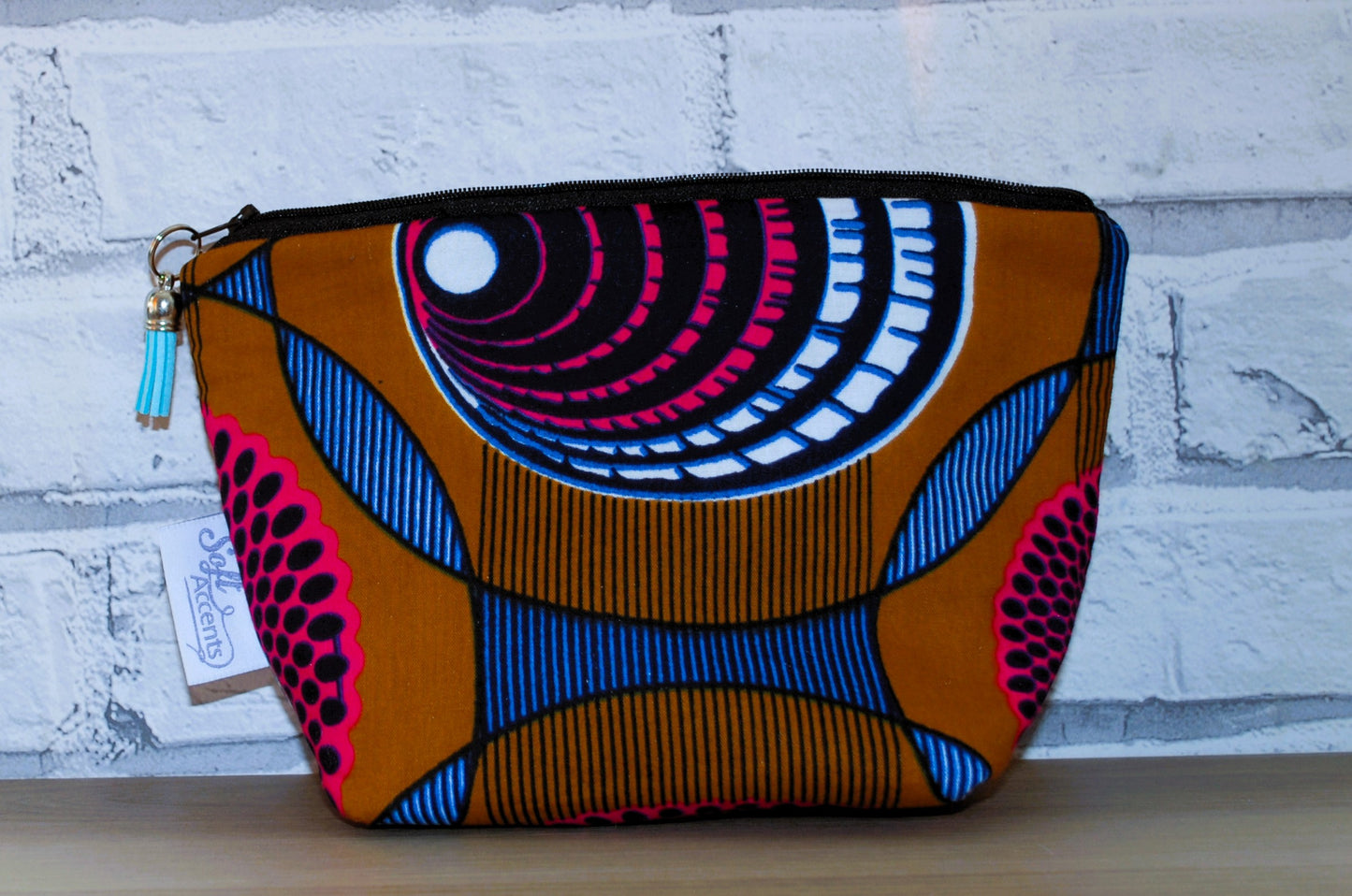 Blue Yellow swirl print medium zipper pouch Makeup Bag