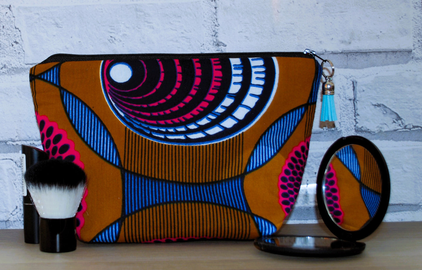 Blue Yellow swirl print medium zipper pouch Makeup Bag