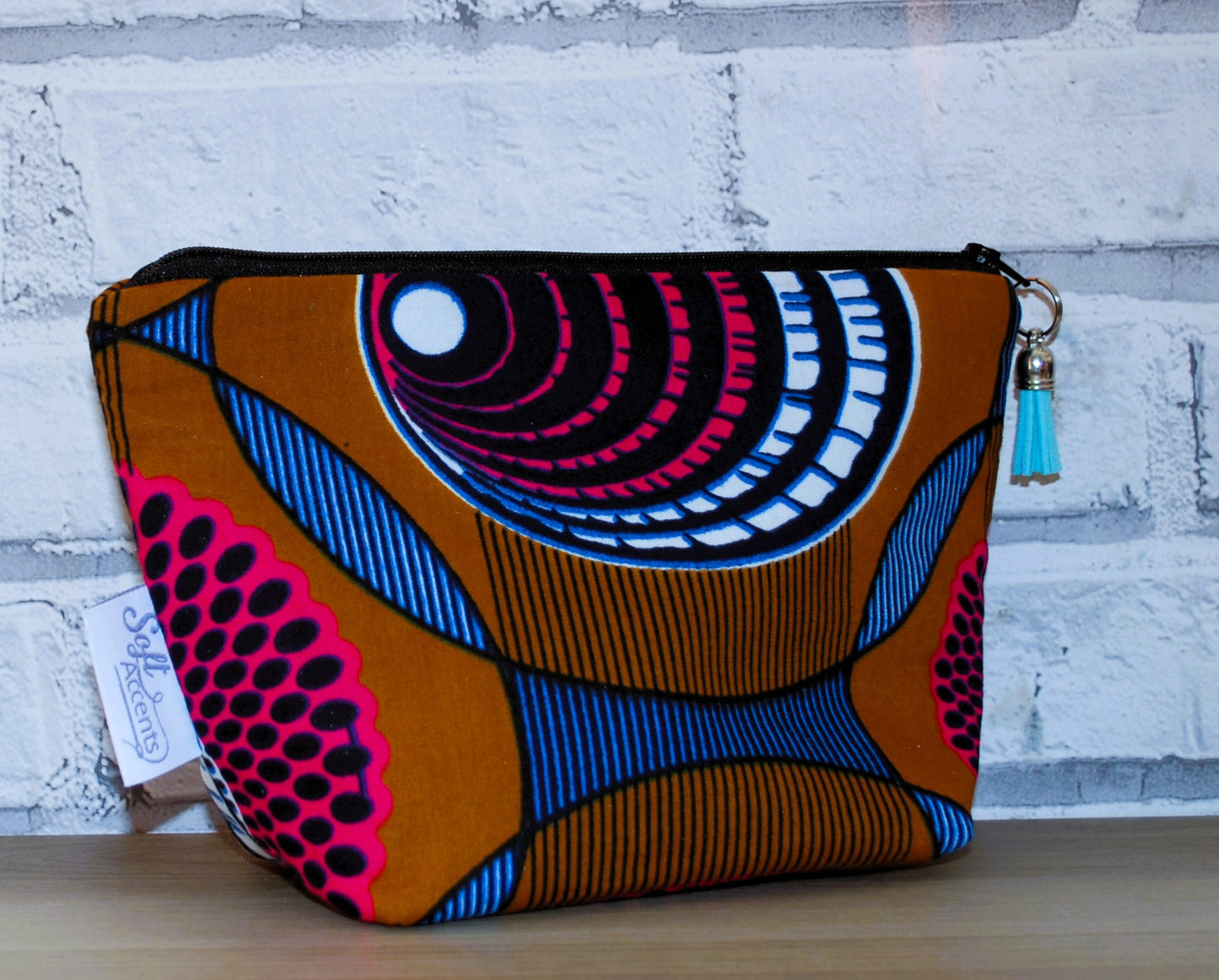 Blue Yellow swirl print medium zipper pouch Makeup Bag