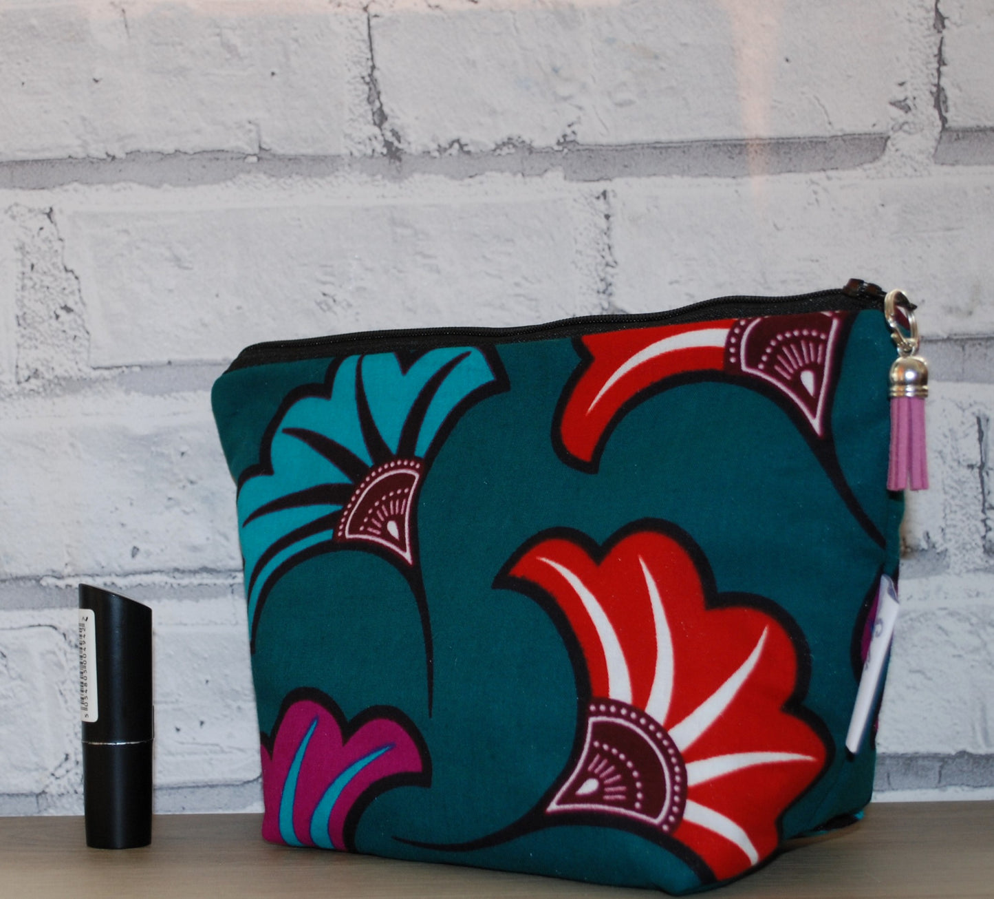 Jade Green Floral African Print fabric medium zipper pouch Makeup Bag