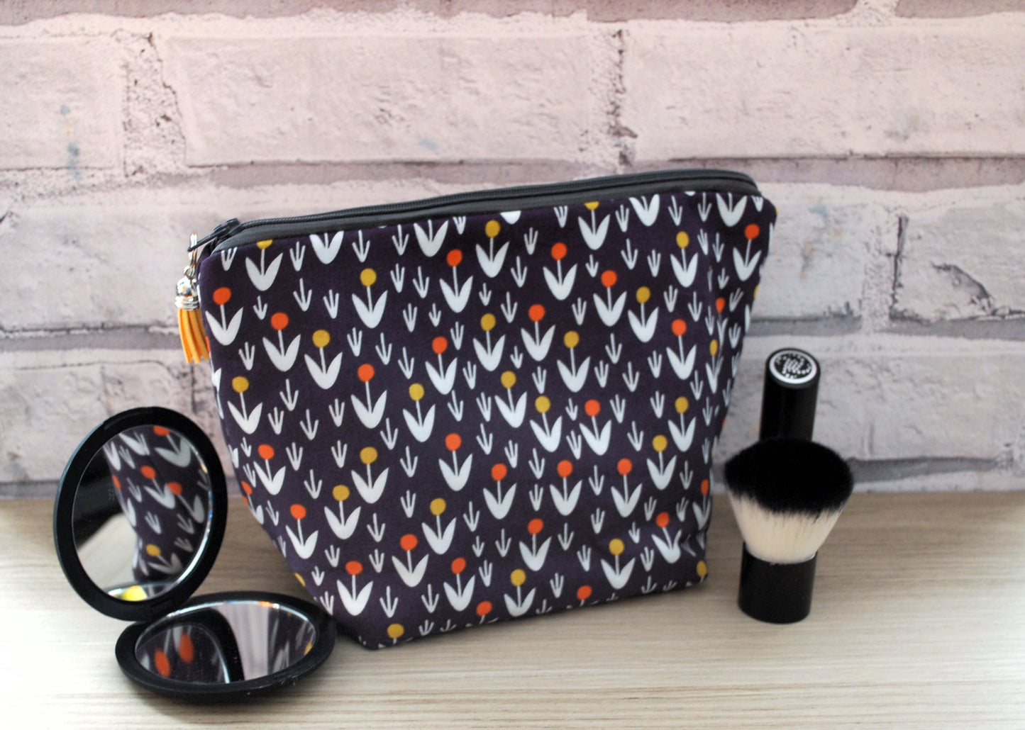Floral print fabric medium zipper pouch makeup bag
