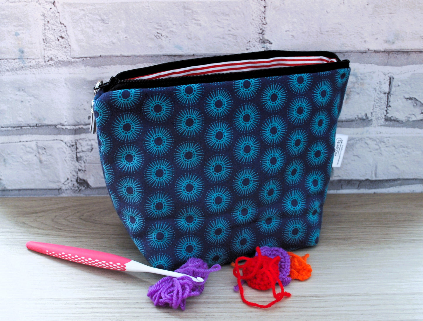 Blue & Teal circle print fabric medium zipper pouch makeup bag