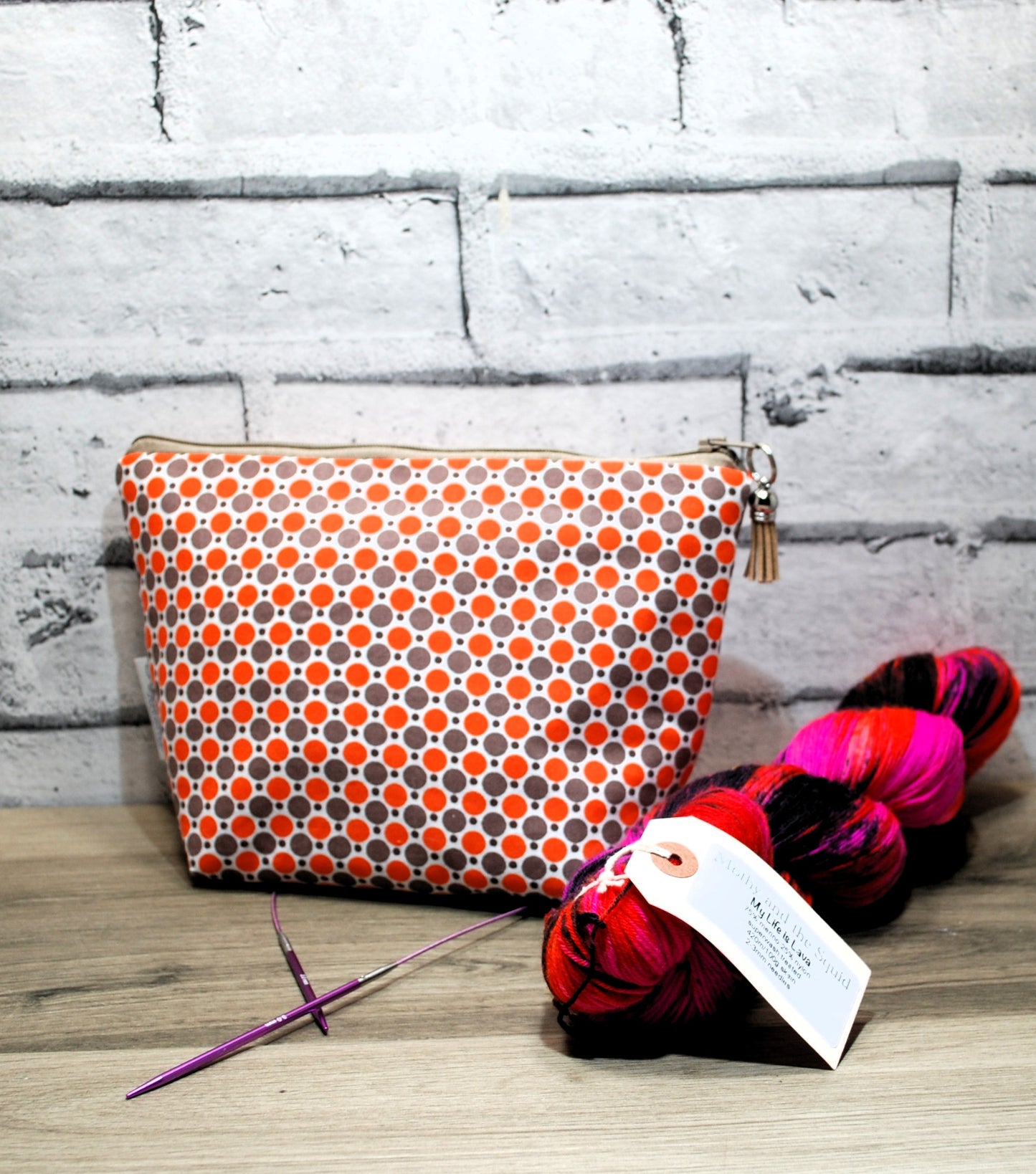 Orange Grey polka dot print fabric medium zipper pouch makeup bag