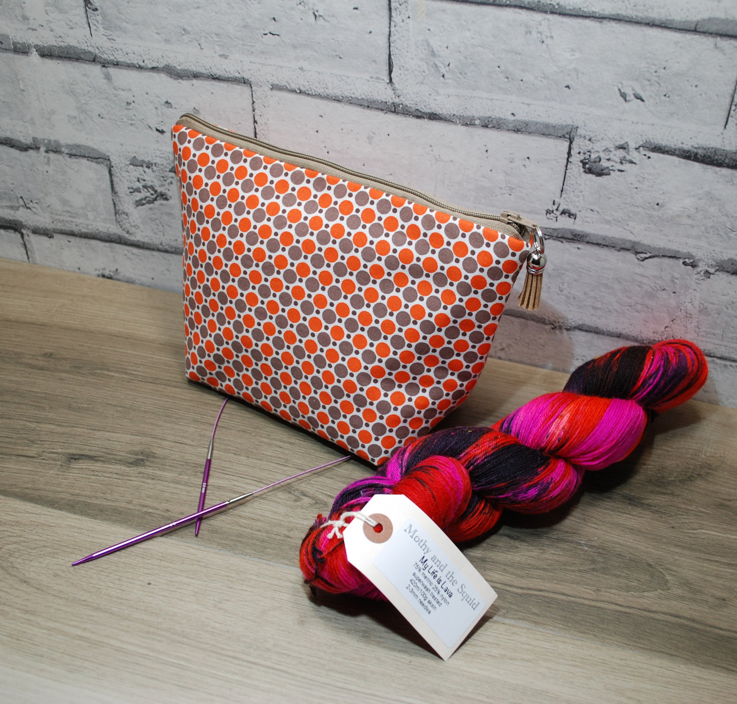Orange Grey polka dot print fabric medium zipper pouch makeup bag