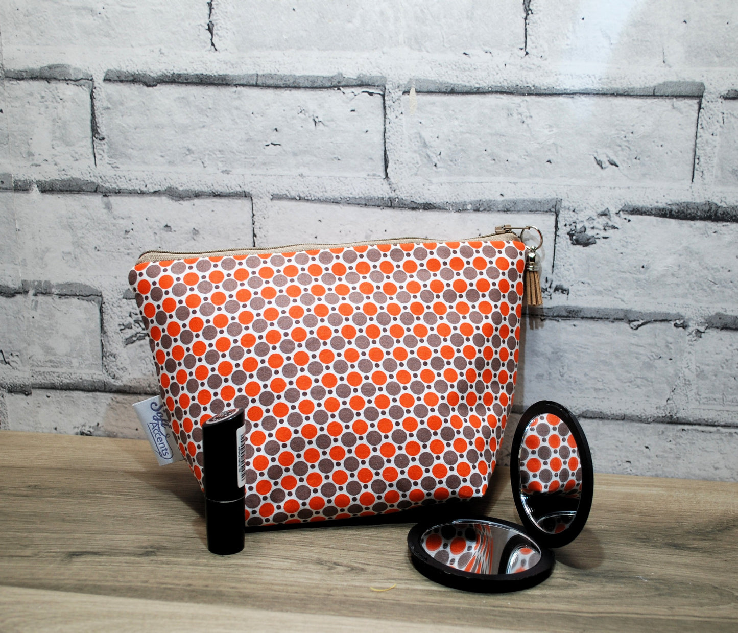 Orange Grey polka dot print fabric medium zipper pouch makeup bag