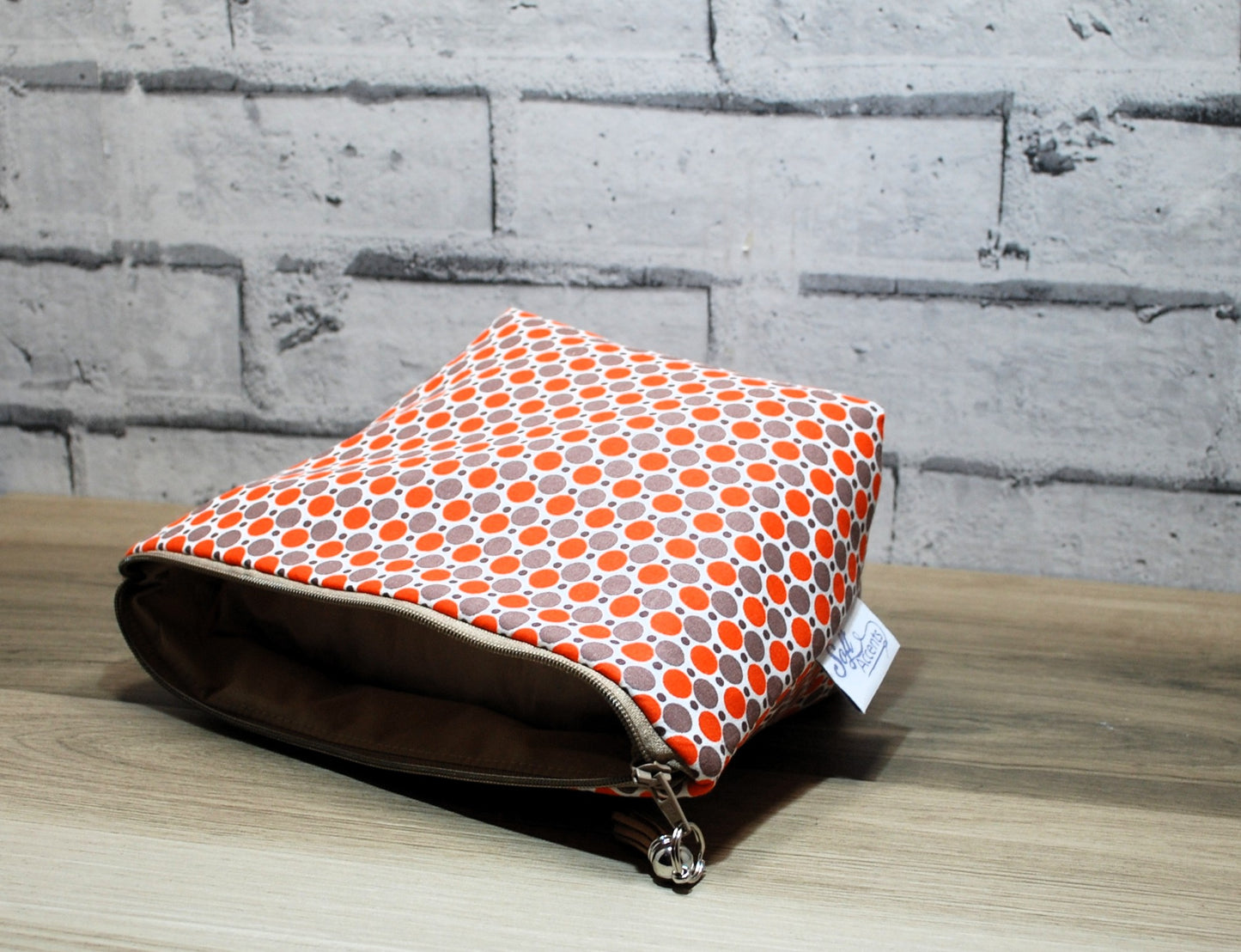 Orange Grey polka dot print fabric medium zipper pouch makeup bag