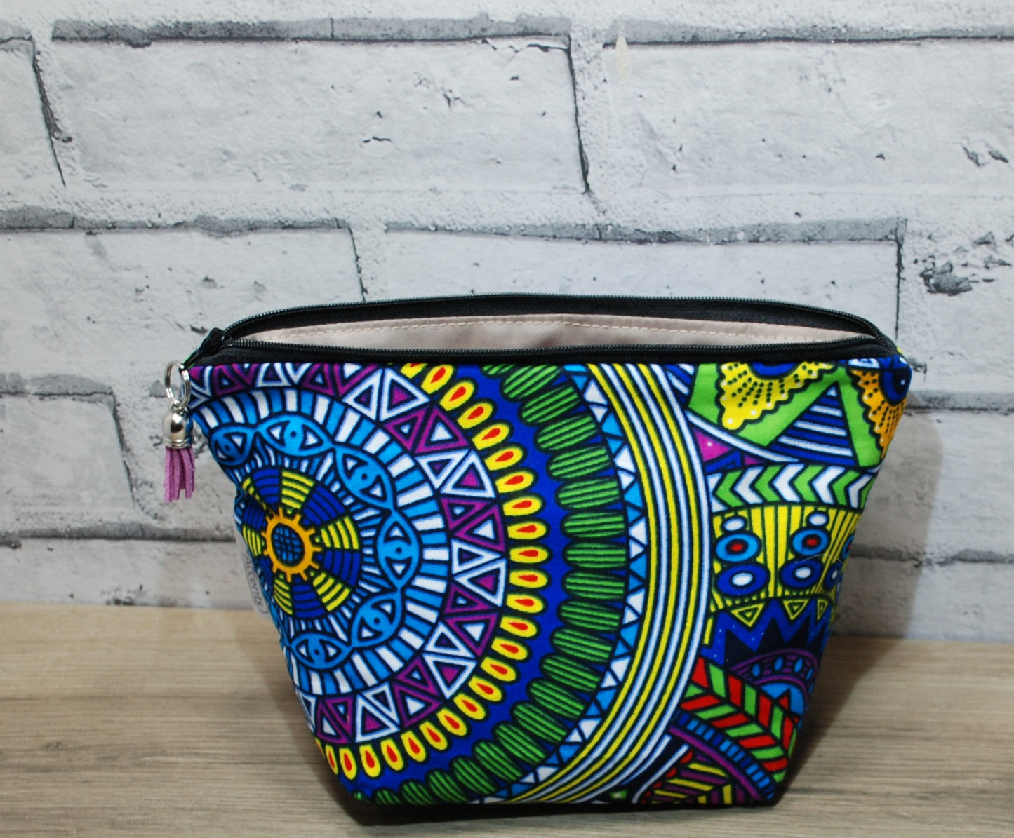 Abstract African print fabric medium zipper pouch makeup bag