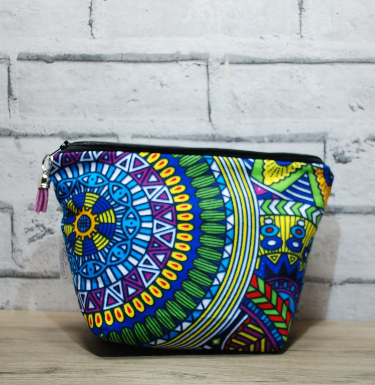 Abstract African print fabric medium zipper pouch makeup bag