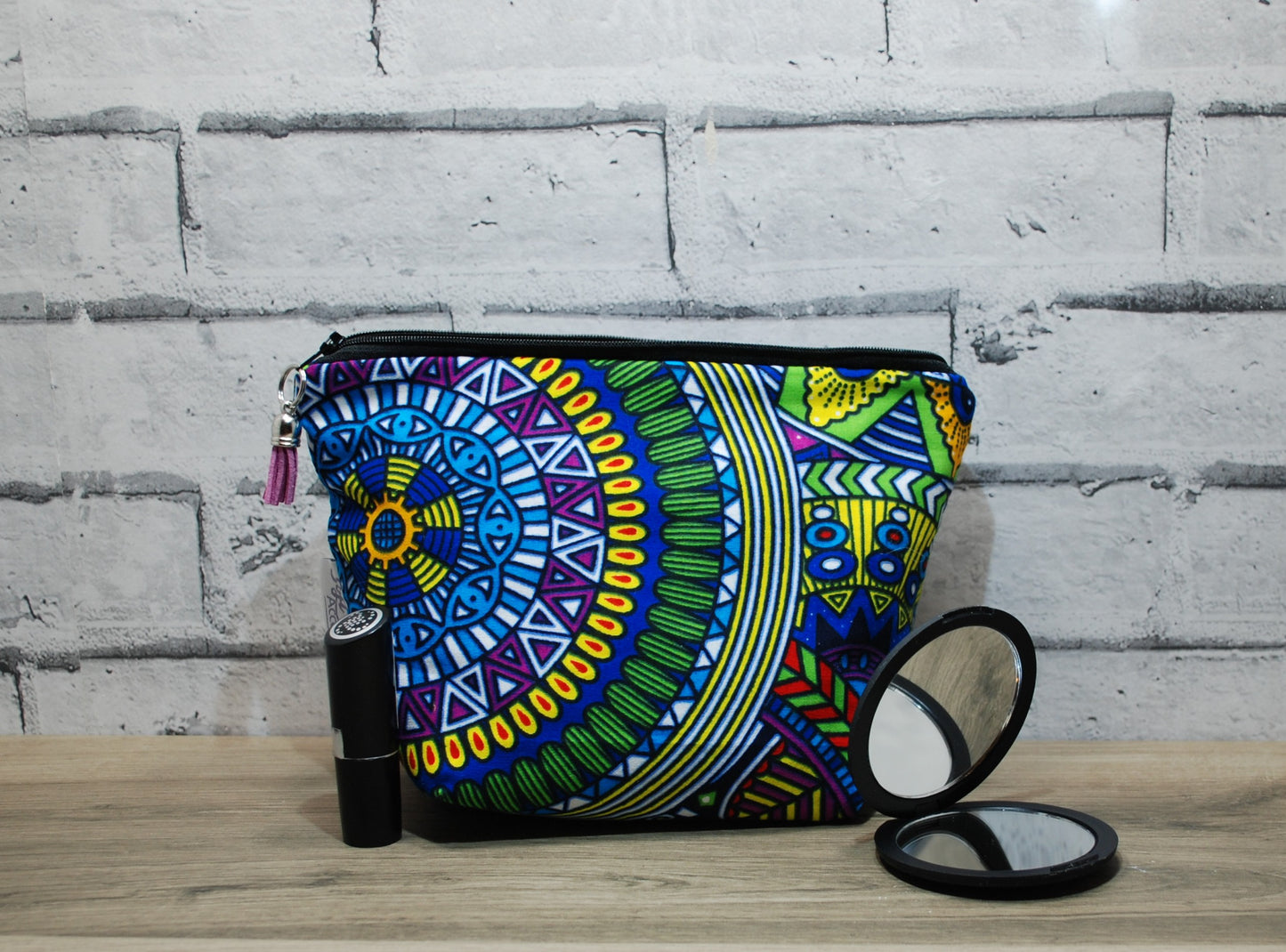 Abstract African print fabric medium zipper pouch makeup bag