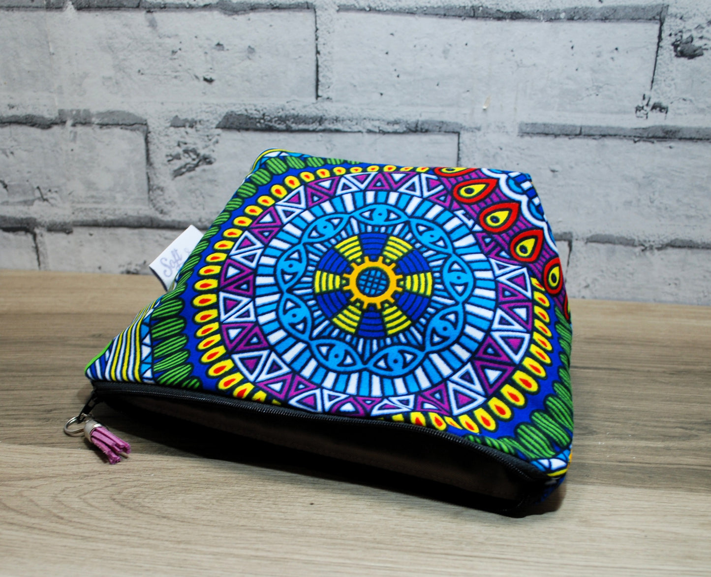 Abstract African print fabric medium zipper pouch makeup bag