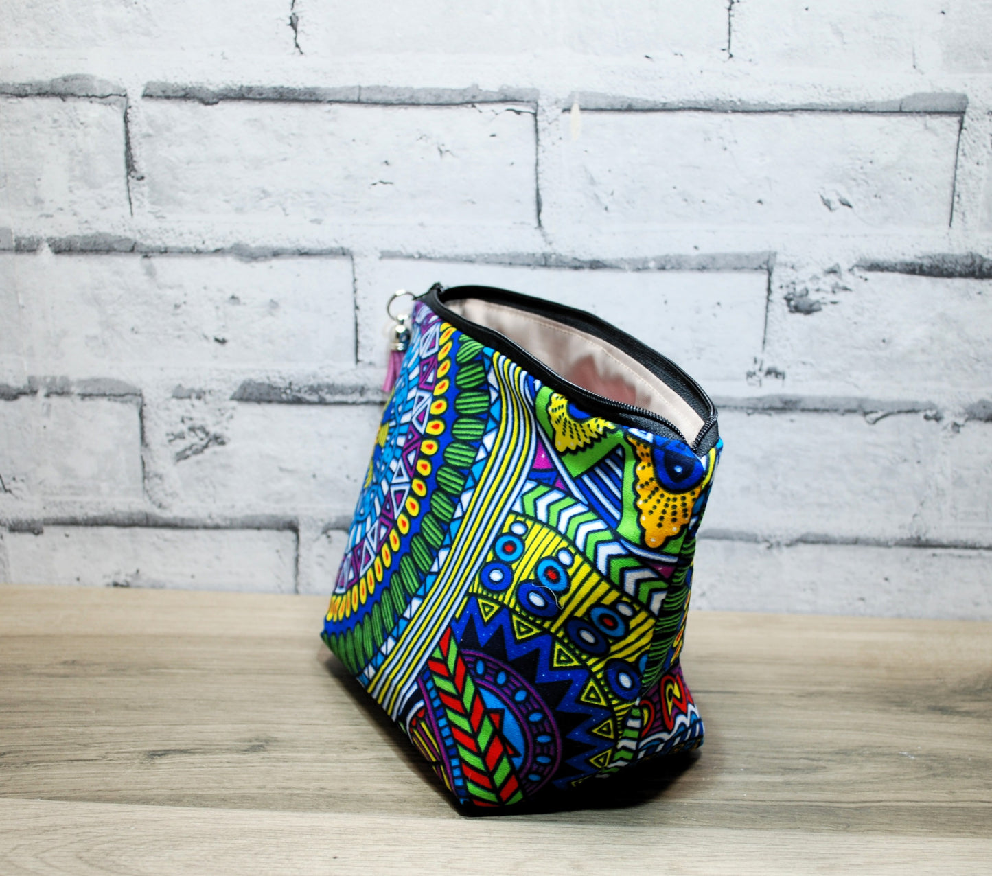 Abstract African print fabric medium zipper pouch makeup bag