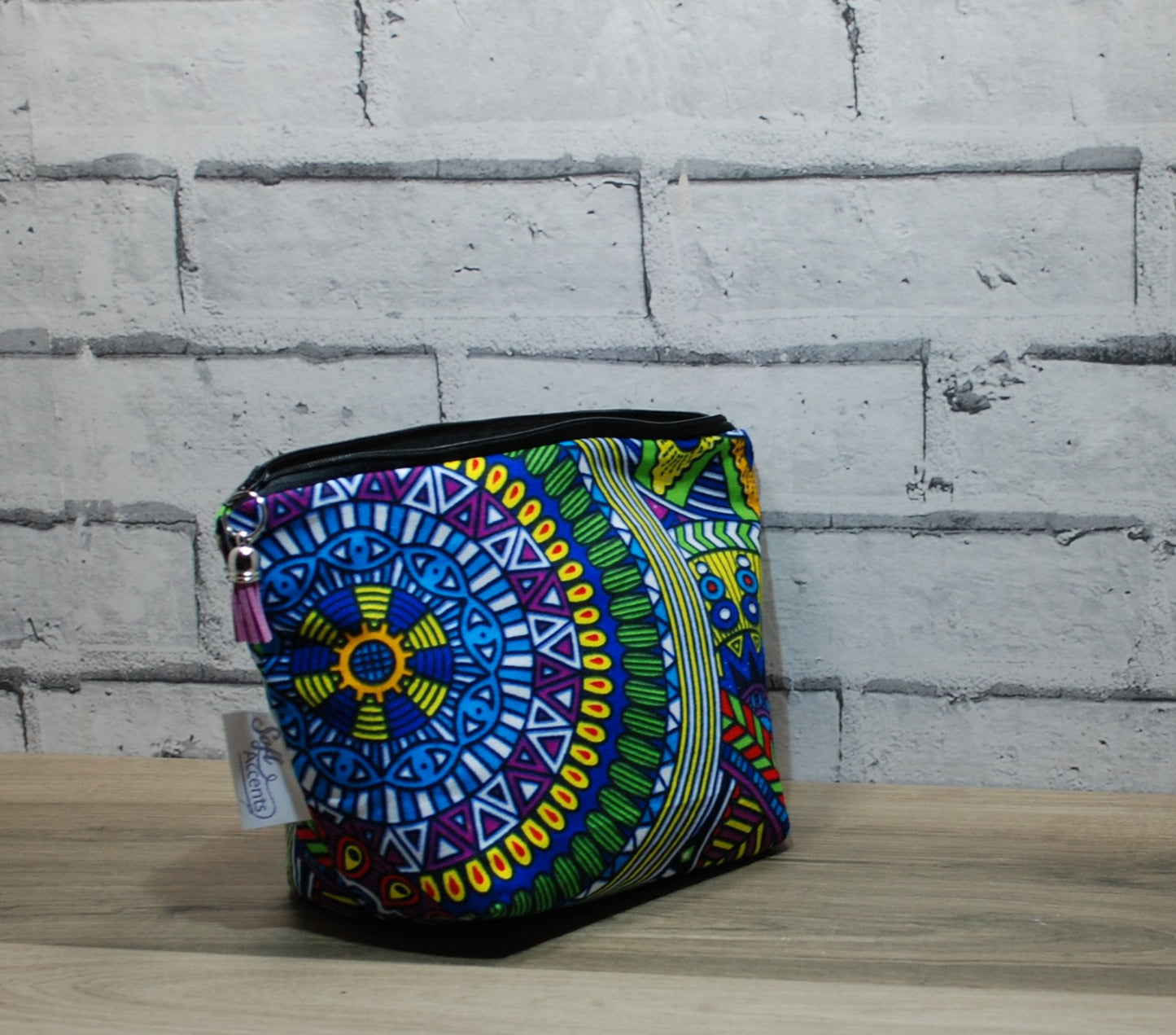 Abstract African print fabric medium zipper pouch makeup bag