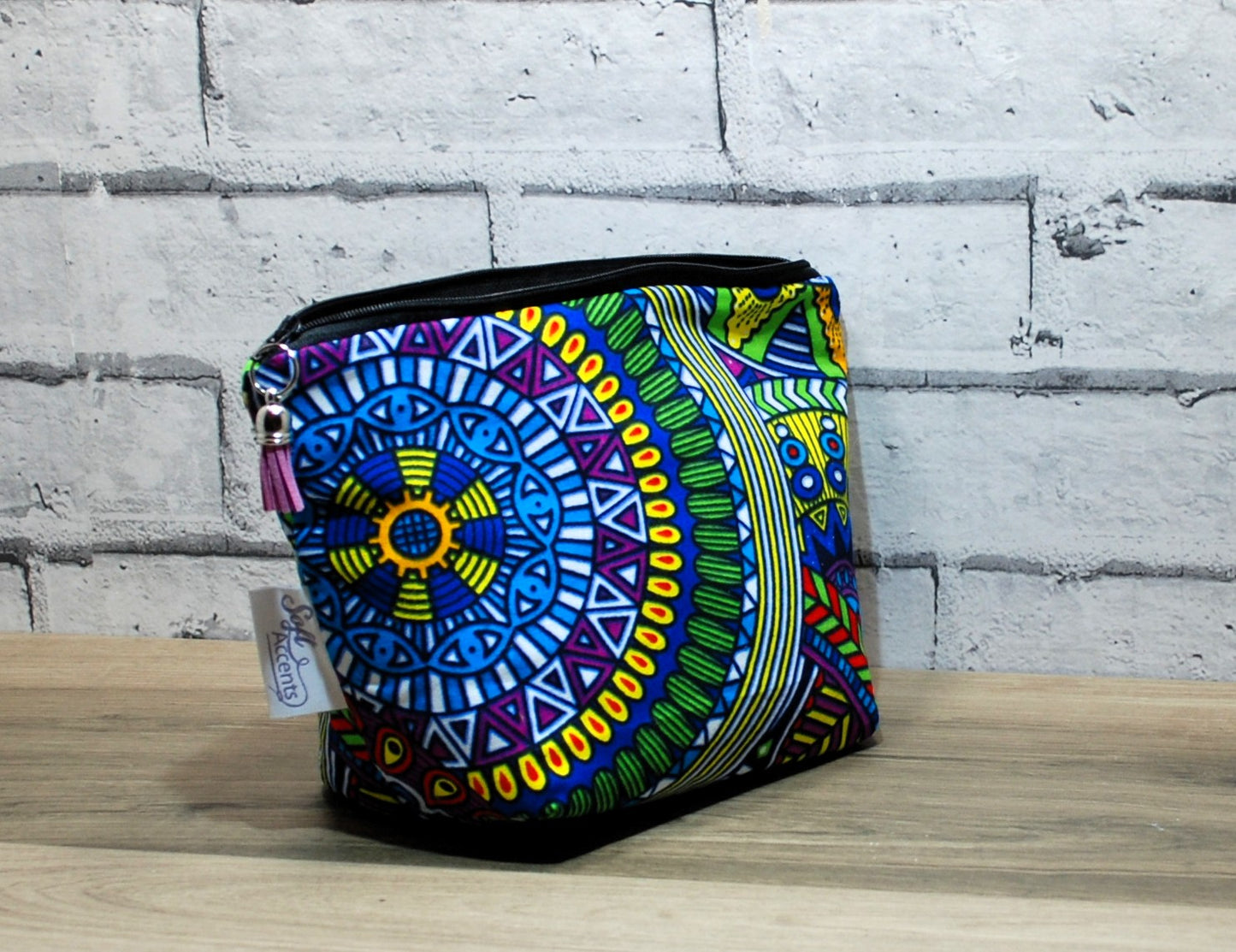 Abstract African print fabric medium zipper pouch makeup bag