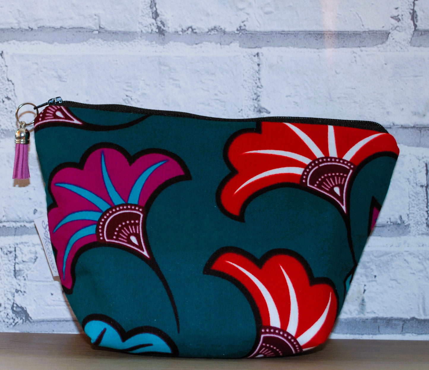 Jade Green Floral African Print fabric medium zipper pouch Makeup Bag