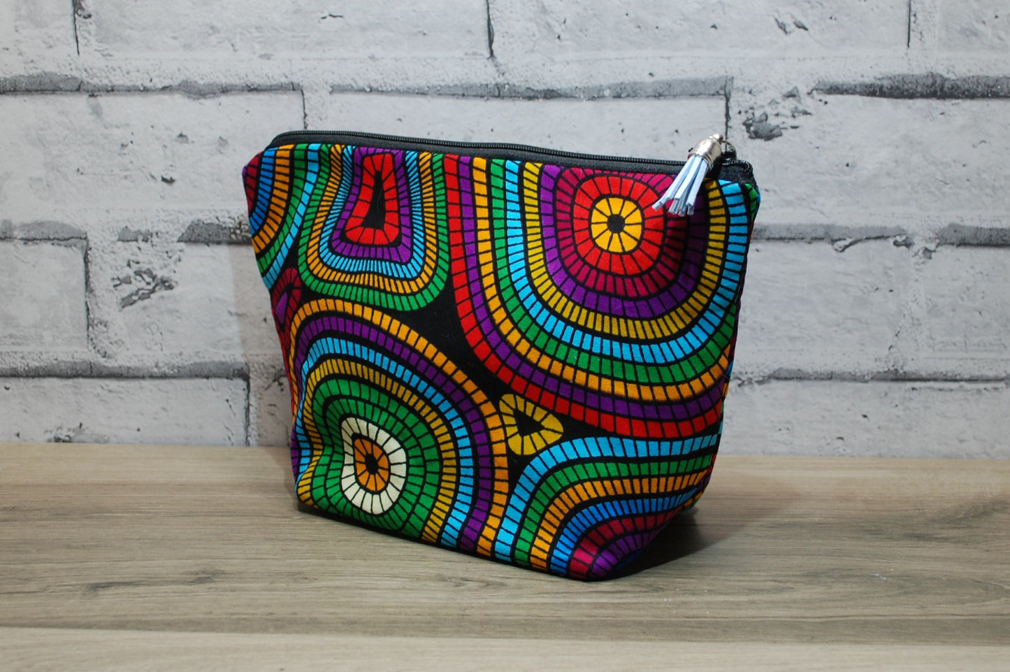 Abstract African print fabric medium zipper pouch makeup bag