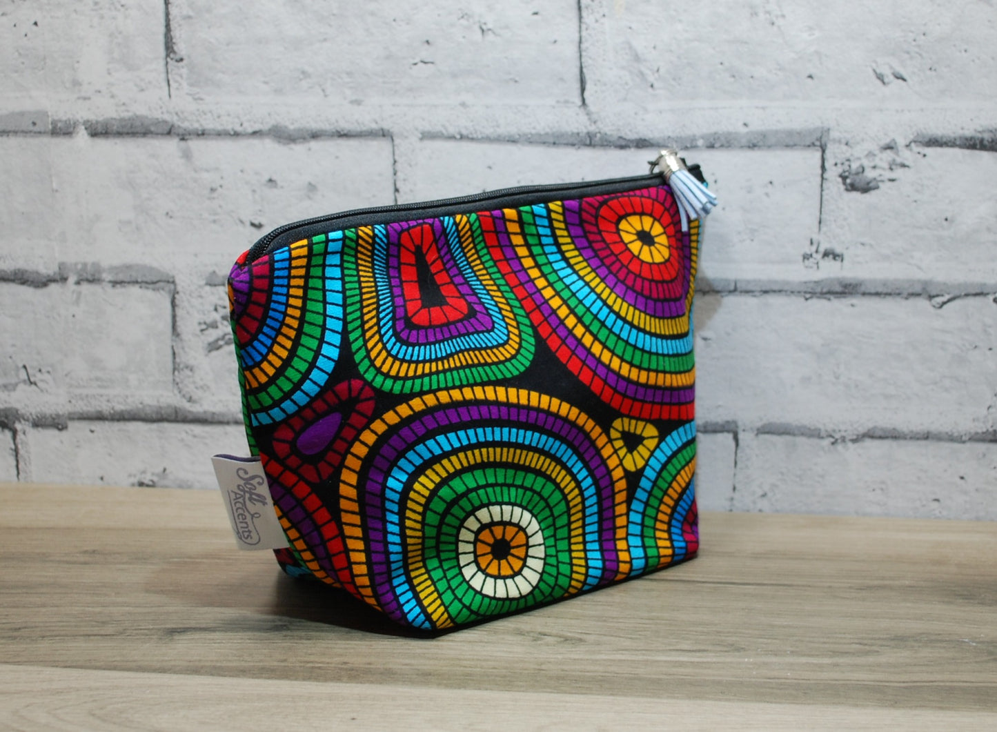 Abstract African print fabric medium zipper pouch makeup bag