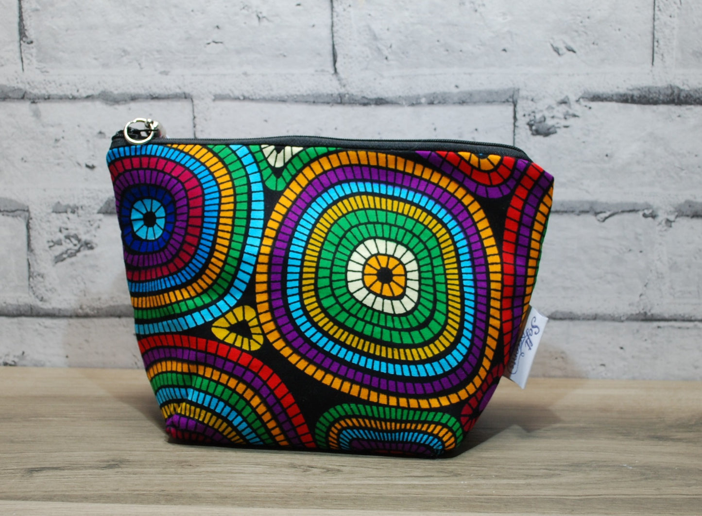 Abstract African print fabric medium zipper pouch makeup bag