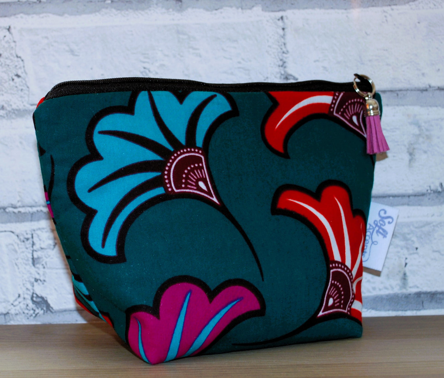 Jade Green Floral African Print fabric medium zipper pouch Makeup Bag