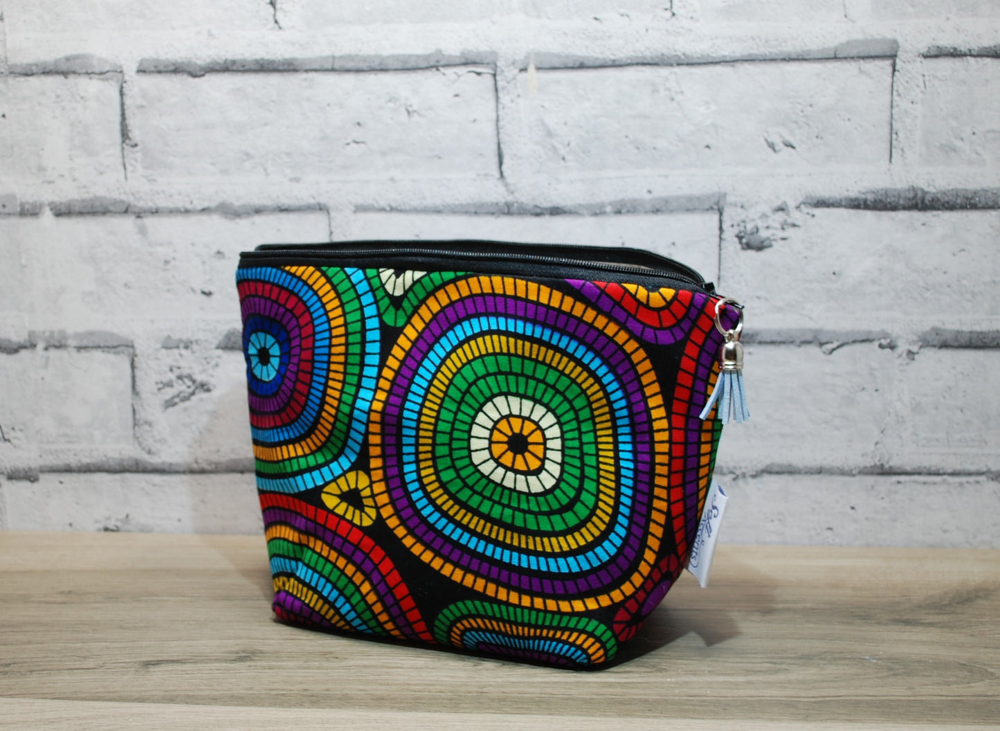 Abstract African print fabric medium zipper pouch makeup bag