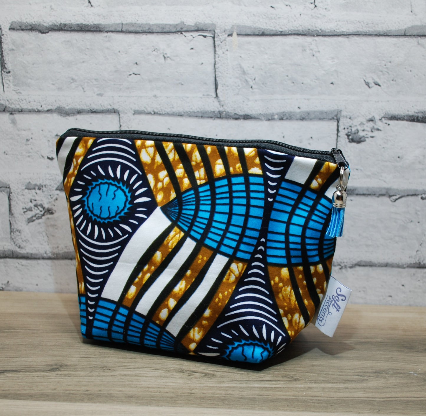 Abstract African print fabric medium zipper pouch makeup bag
