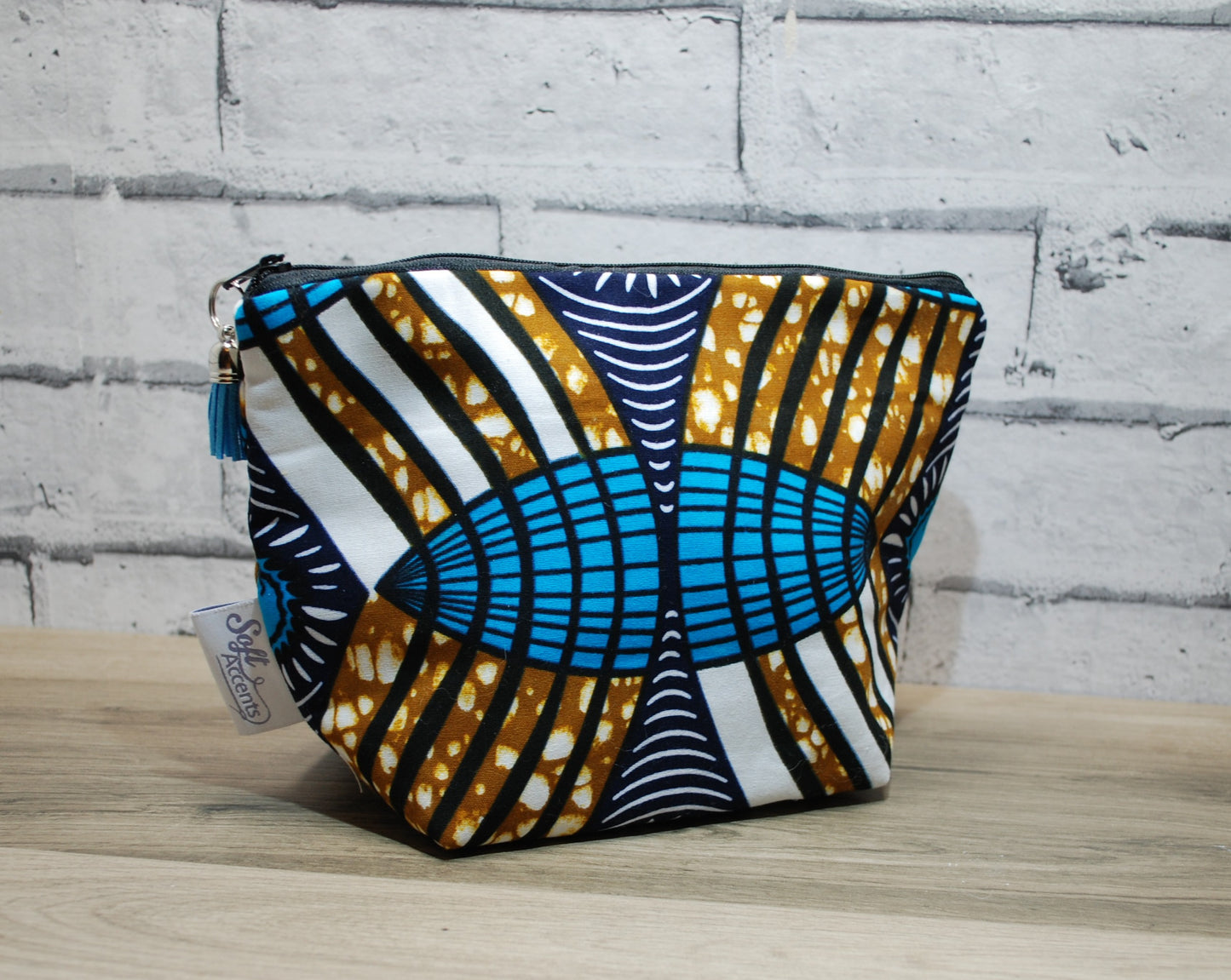 Abstract African print fabric medium zipper pouch makeup bag