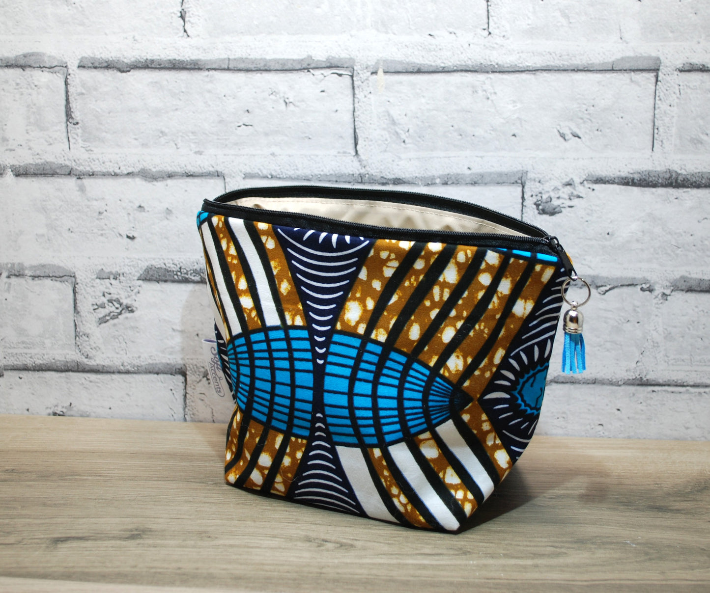 Abstract African print fabric medium zipper pouch makeup bag