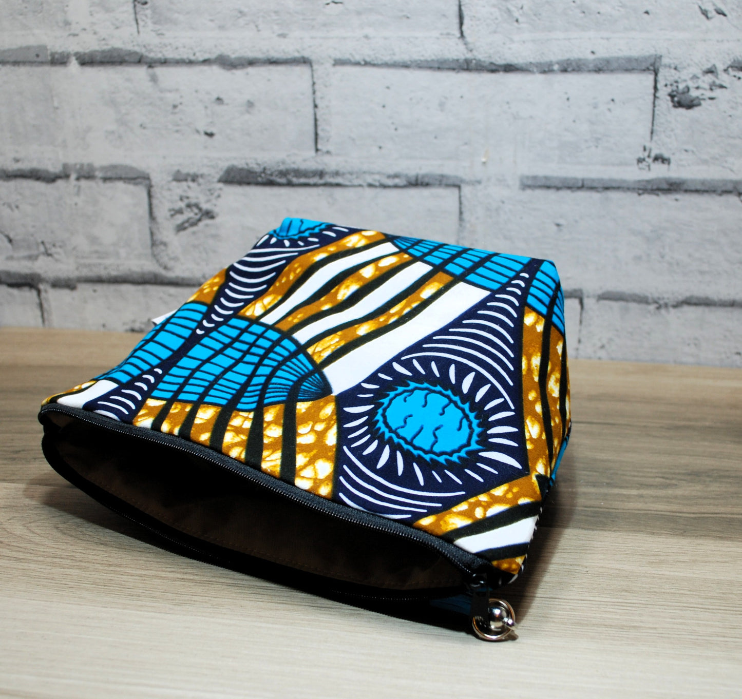 Abstract African print fabric medium zipper pouch makeup bag