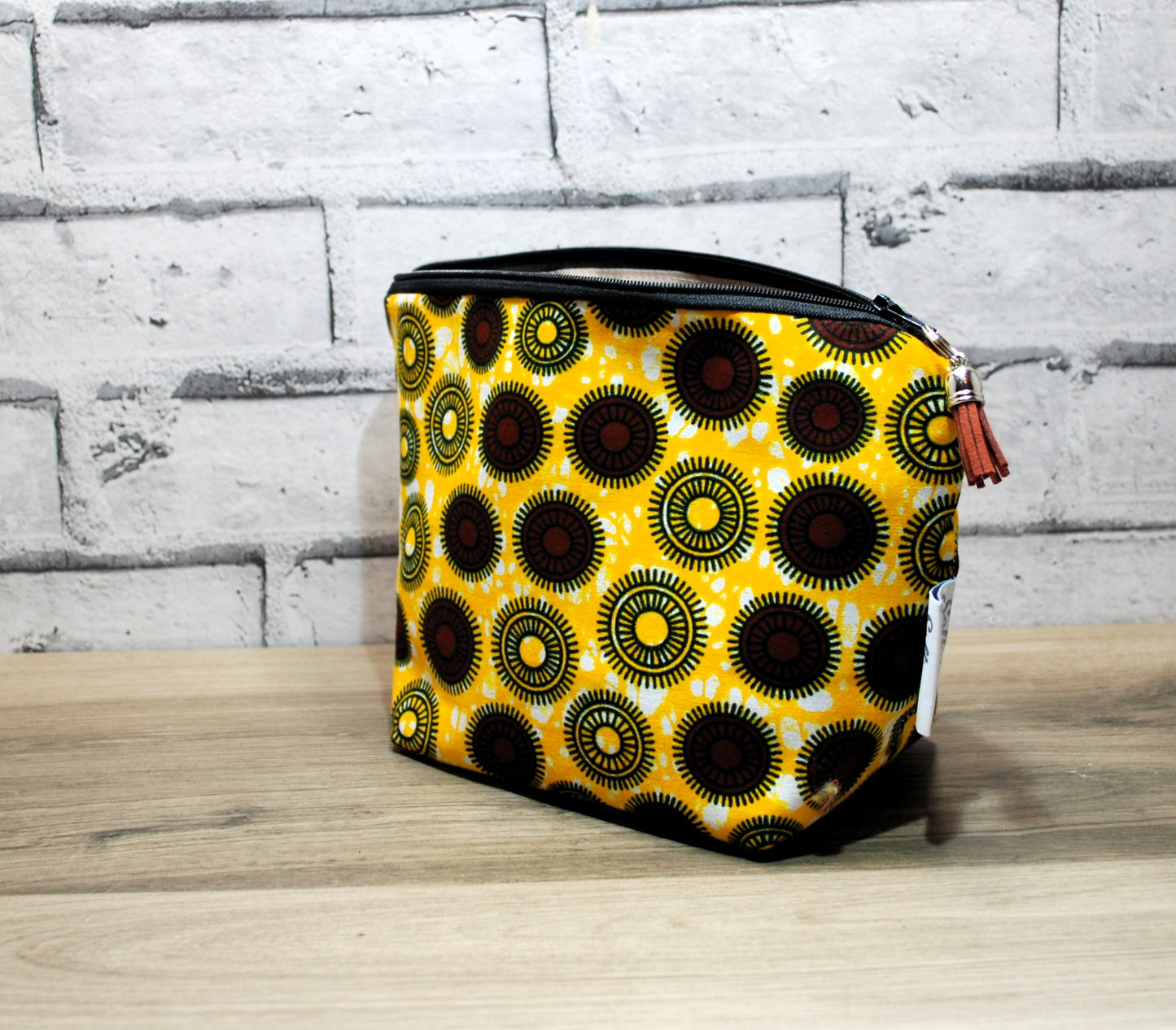 Abstract African print fabric medium zipper pouch makeup bag