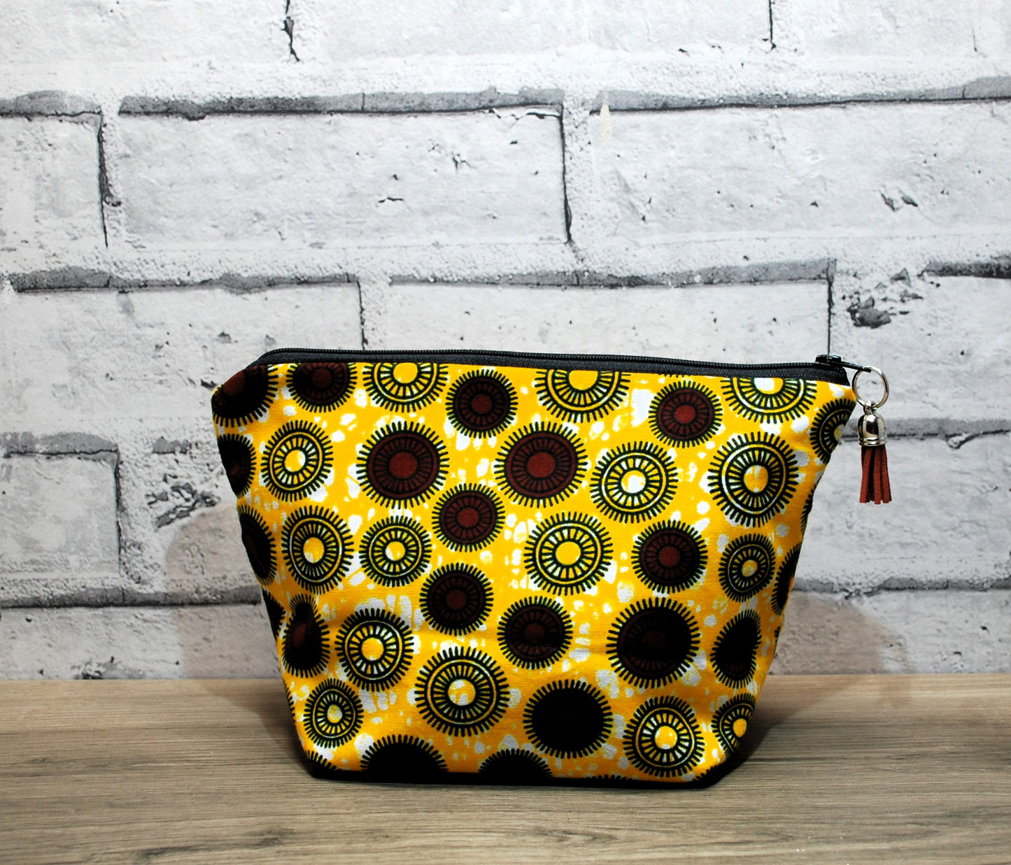 Abstract African print fabric medium zipper pouch makeup bag