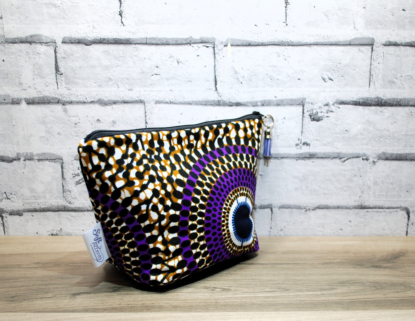 Abstract African print fabric medium zipper pouch makeup bag
