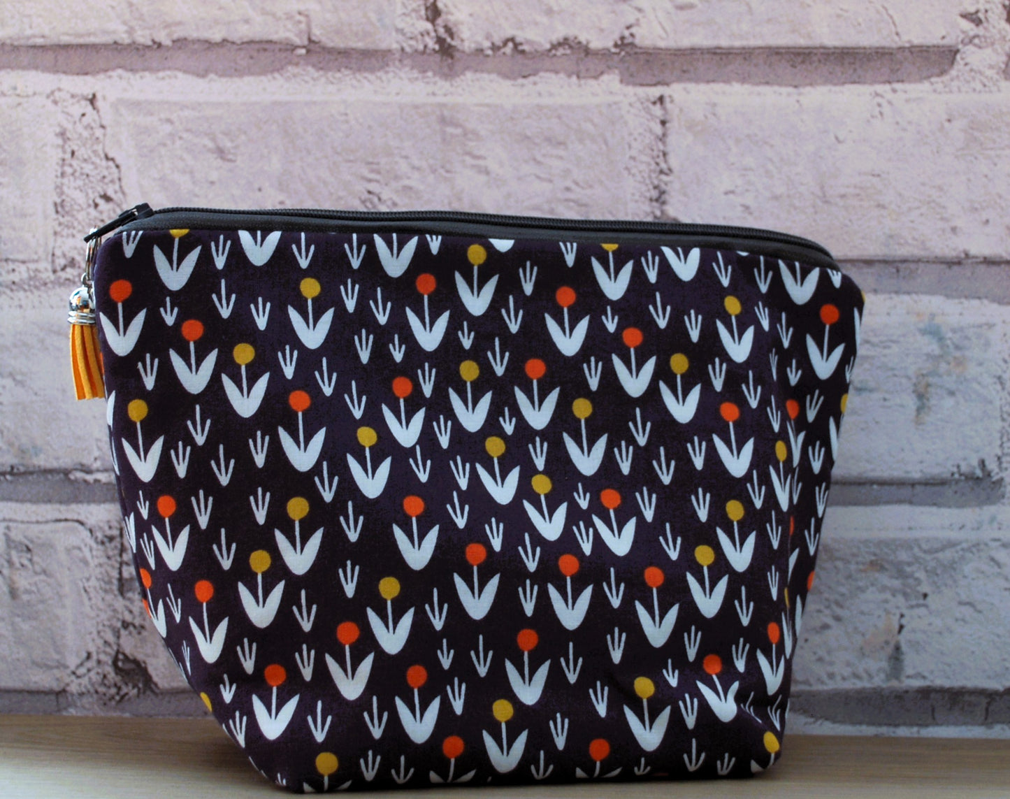 Floral print fabric medium zipper pouch makeup bag