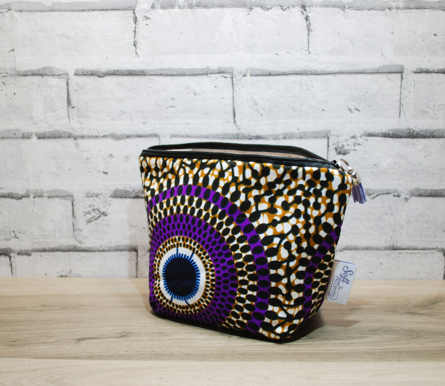 Abstract African print fabric medium zipper pouch makeup bag