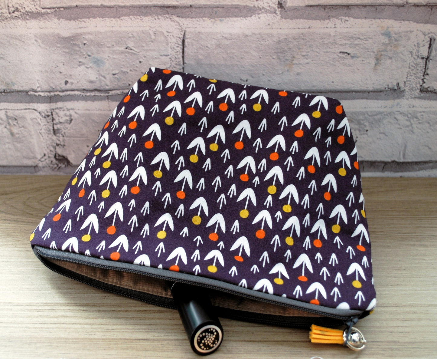 Floral print fabric medium zipper pouch makeup bag