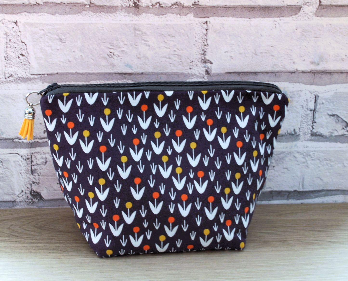 Floral print fabric medium zipper pouch makeup bag