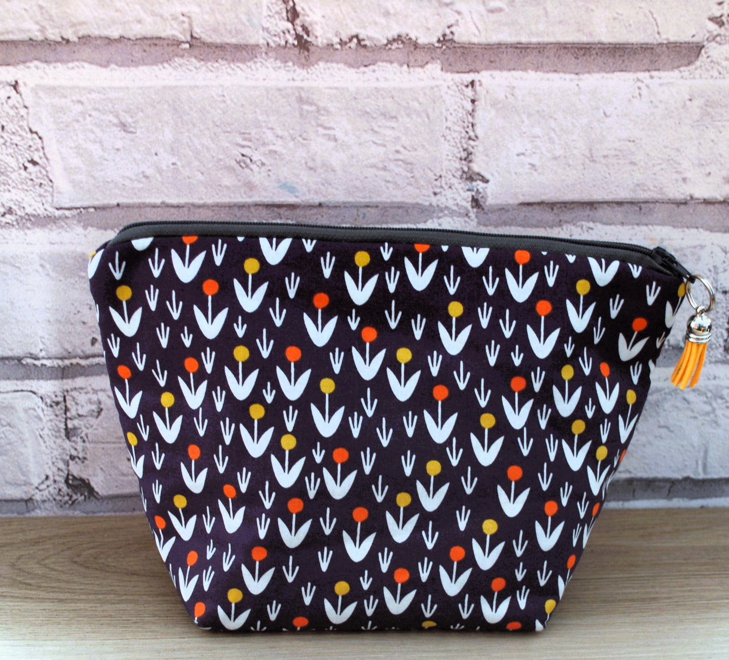 Floral print fabric medium zipper pouch makeup bag