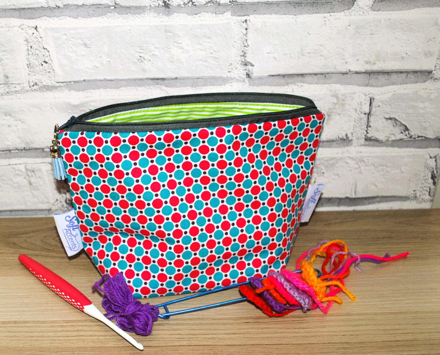 Pink and Blue polka dot print fabric medium zipper pouch makeup bag