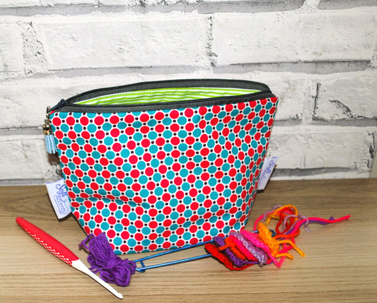 Pink and Blue polka dot print fabric medium zipper pouch makeup bag