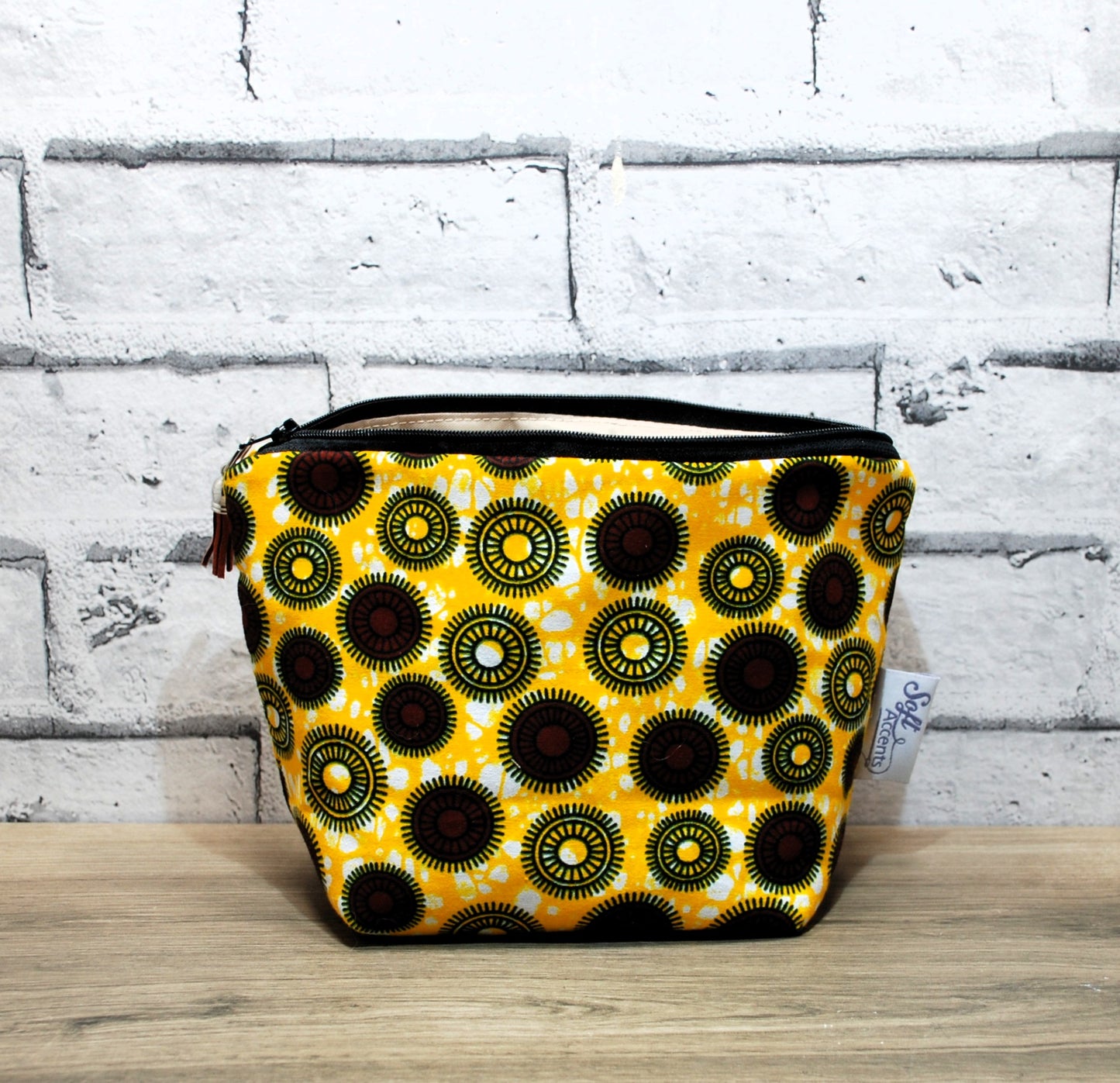 Abstract African print fabric medium zipper pouch makeup bag