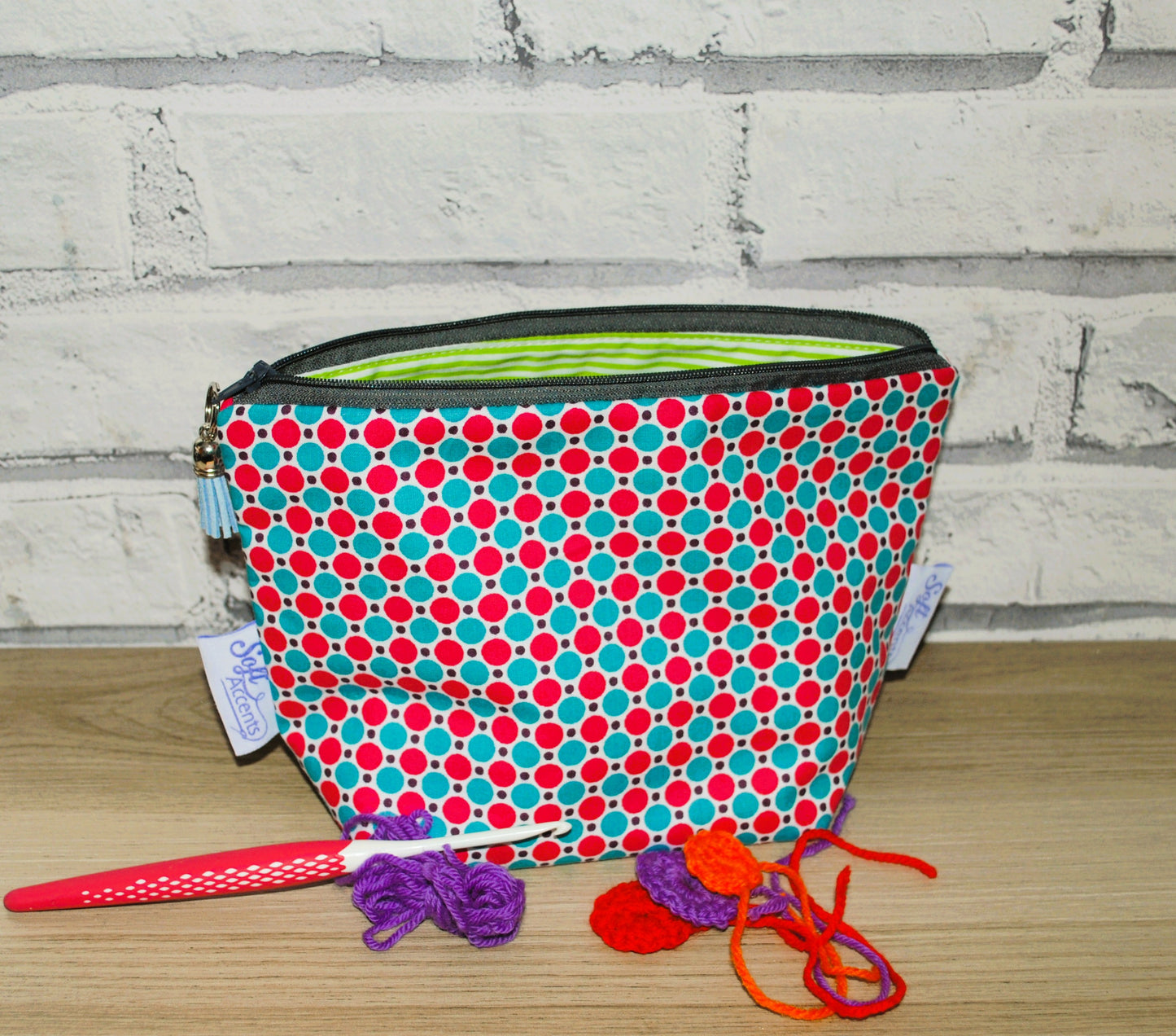 Pink and Blue polka dot print fabric medium zipper pouch makeup bag