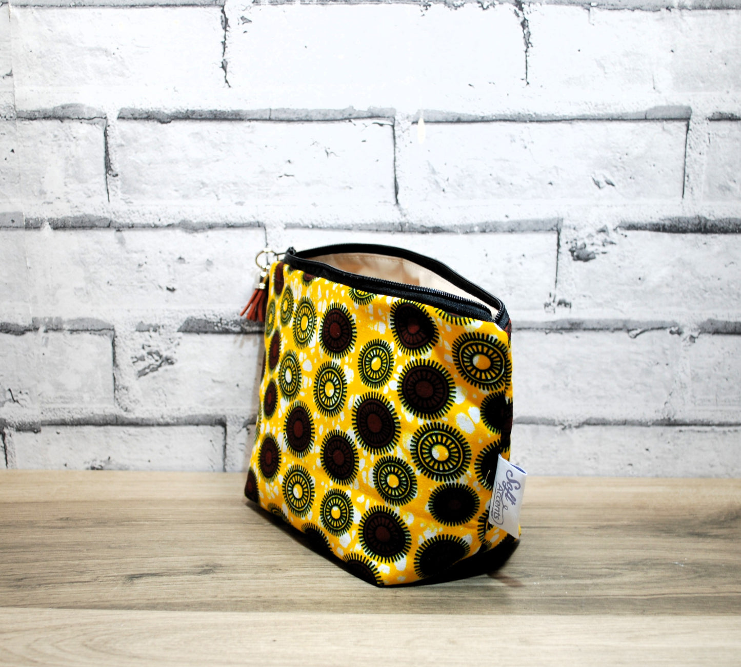 Abstract African print fabric medium zipper pouch makeup bag