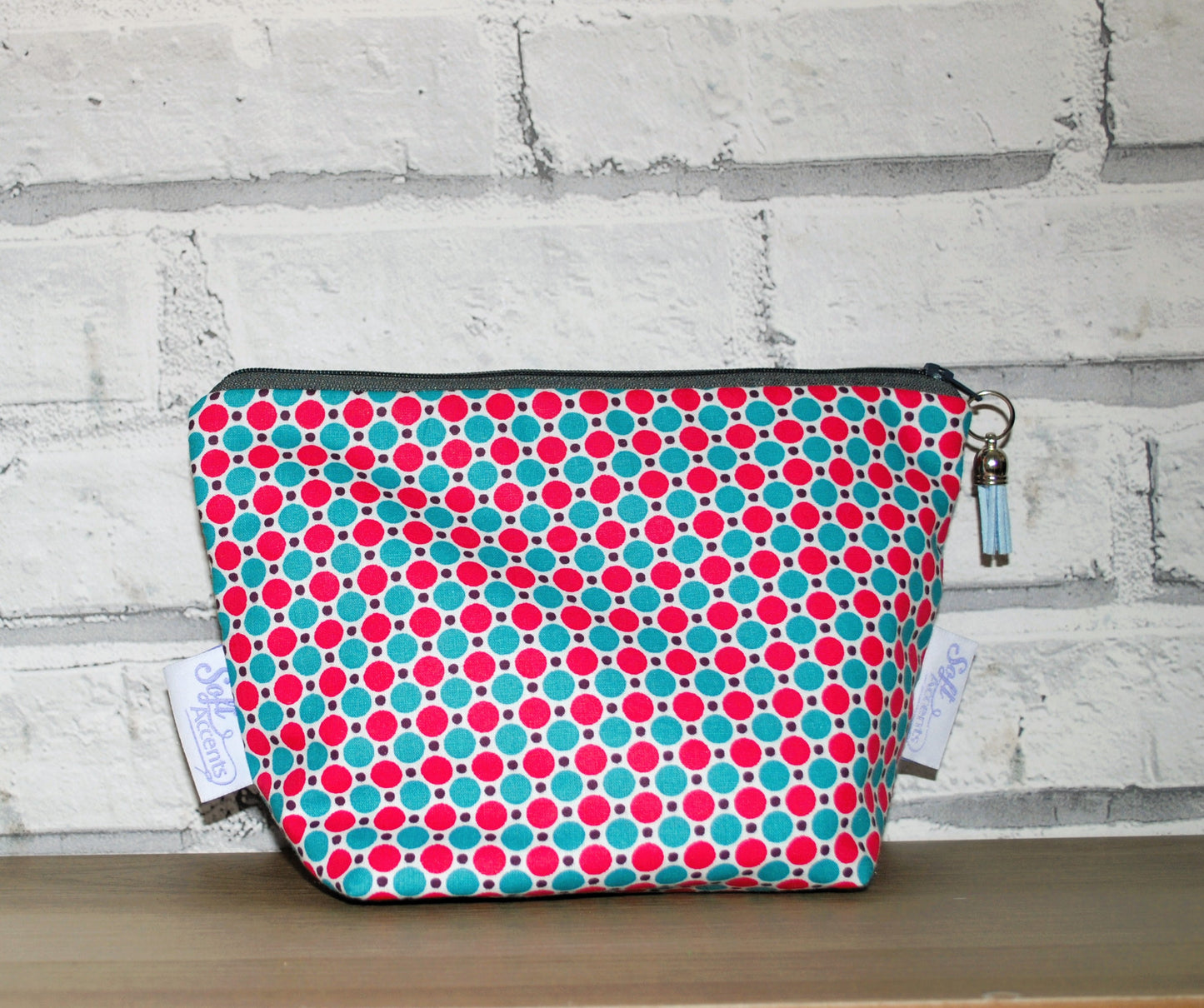 Pink and Blue polka dot print fabric medium zipper pouch makeup bag