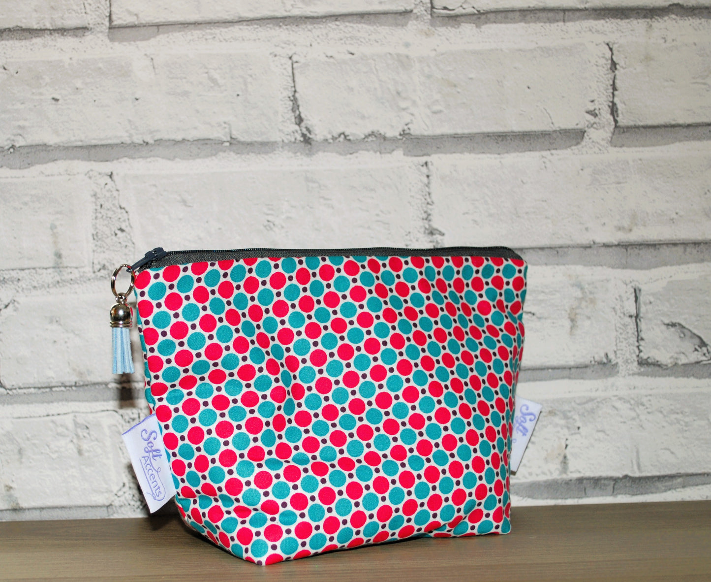 Pink and Blue polka dot print fabric medium zipper pouch makeup bag