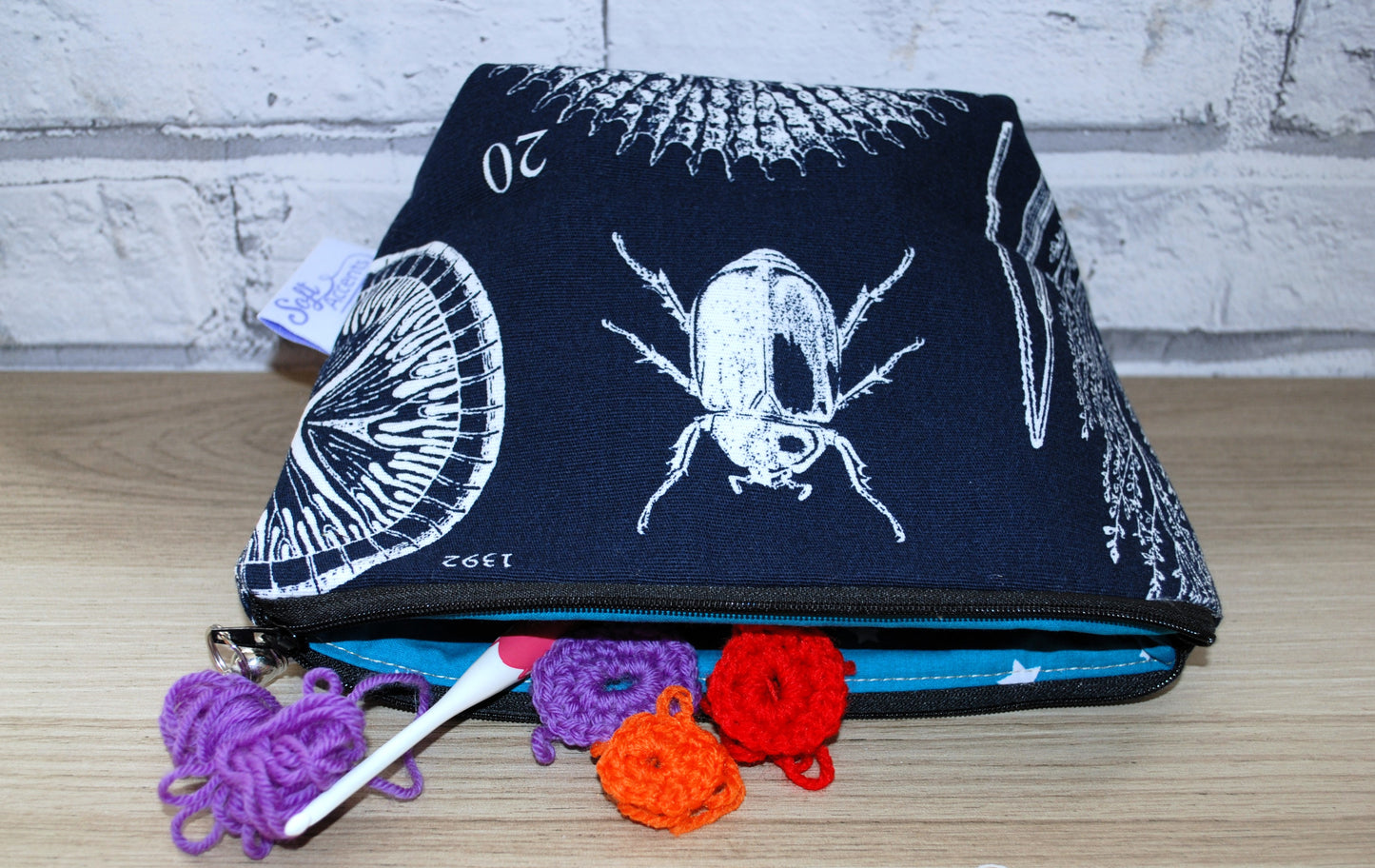 Blue & White Arthropod  print fabric medium zipper pouch makeup bag