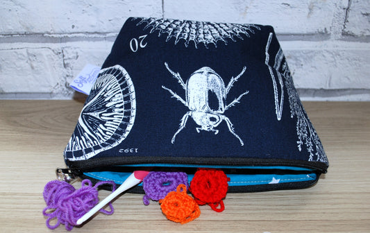 Blue & White Arthropod  print fabric medium zipper pouch makeup bag