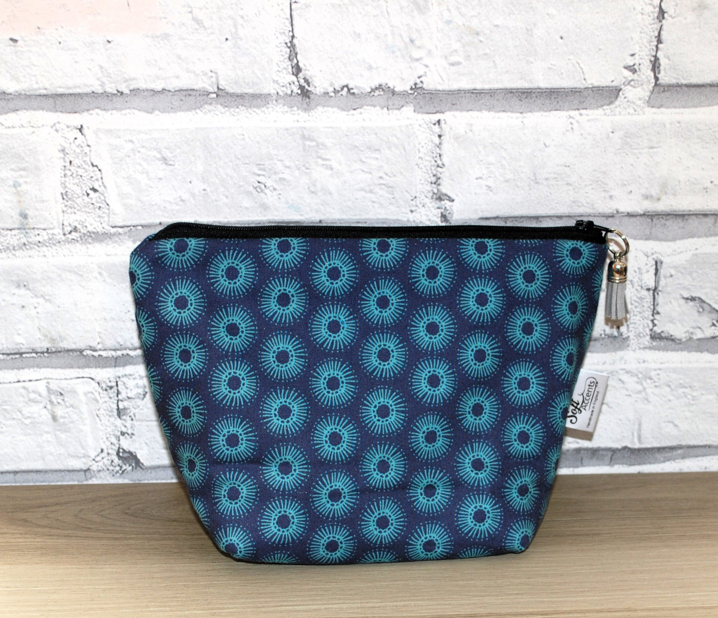 Blue & Teal circle print fabric medium zipper pouch makeup bag